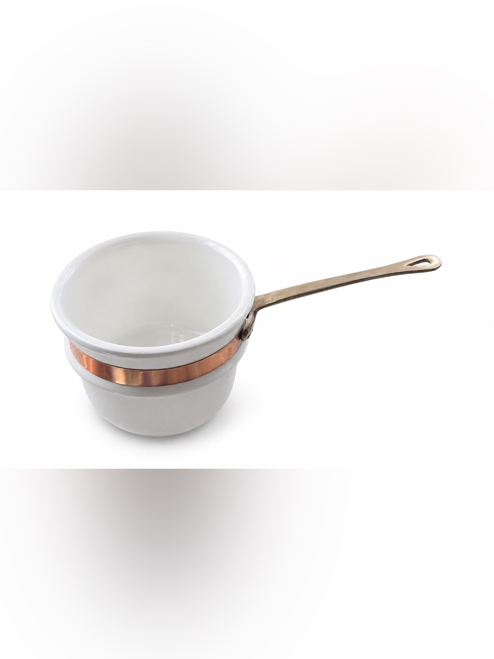 Vintage French White Porcelain Saucepan Copper Band Brass Handle MCM Cookware